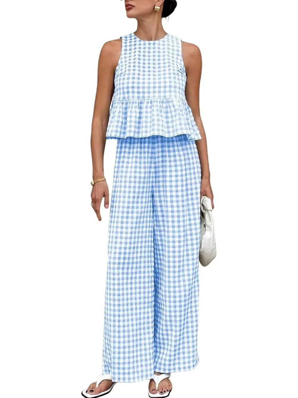 Women's 2 Piece Set Outfits Gingham Plaid Tank Tops Wide Leg Pants Matching Loun